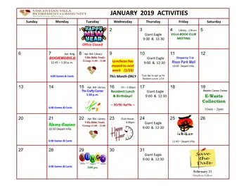 Activity Calendar of Vincentian Villa, Assisted Living, Nursing Home, Independent Living, CCRC, Pittsburgh, PA 1