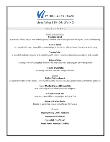 Dining menu of Vi at Highlands Ranch, Assisted Living, Nursing Home, Independent Living, CCRC, Highlands Ranch, CO 1