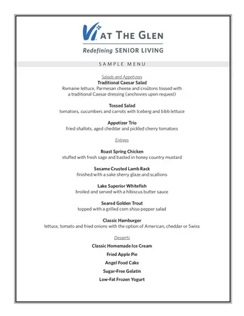 Dining menu of Vi at The Glen, Assisted Living, Nursing Home, Independent Living, CCRC, Glenview, IL 1