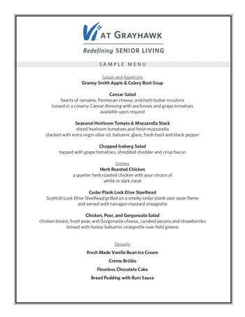 Dining menu of Vi at Grayhawk, Assisted Living, Nursing Home, Independent Living, CCRC, Scottsdale, AZ 1