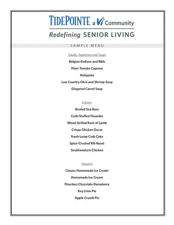 Dining menu of Hilton Head TidePointe, Assisted Living, Nursing Home, Independent Living, CCRC, Hilton Head Island, SC 1