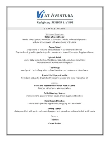 Dining menu of Vi at Aventura, Assisted Living, Nursing Home, Independent Living, CCRC, Aventura, FL 1