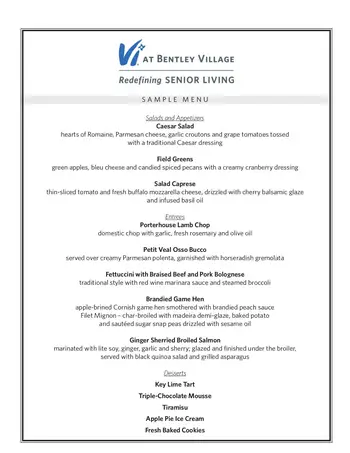 Dining menu of Vi at Bentley Village, Assisted Living, Nursing Home, Independent Living, CCRC, Naples, FL 1