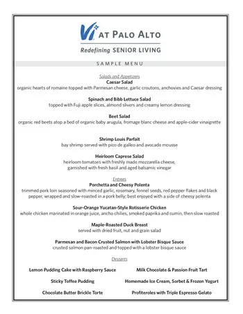 Dining menu of Vi at Palo Alto, Assisted Living, Nursing Home, Independent Living, CCRC, Palo Alto, CA 1