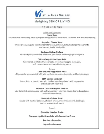 Dining menu of Vi at La Jolla Village, Assisted Living, Nursing Home, Independent Living, CCRC, San Diego, CA 1