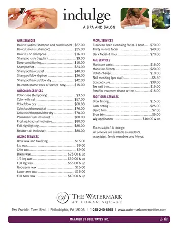 Dining menu of The Watermark Logan Square, Assisted Living, Nursing Home, Independent Living, CCRC, Philadelphia, PA 1