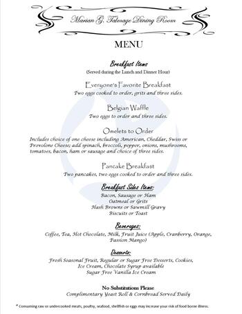Dining menu of Talmage Terrace, Assisted Living, Nursing Home, Independent Living, CCRC, Atlanta, GA 1