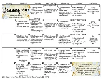 Activity Calendar of Jeanne Jugan Center - Delaware, Assisted Living, Nursing Home, Independent Living, CCRC, Newark, DE 2
