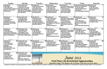 Activity Calendar of Cantata, Assisted Living, Nursing Home, Independent Living, CCRC, Brookfield, IL 1