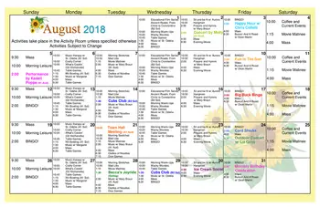 Activity Calendar of Our Lady of Angels, Assisted Living, Nursing Home, Independent Living, CCRC, Joliet, IL 1