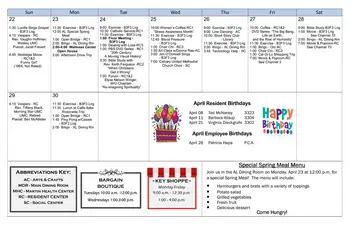 Activity Calendar of Westminster Village, Assisted Living, Nursing Home, Independent Living, CCRC, Bloomington, IL 2