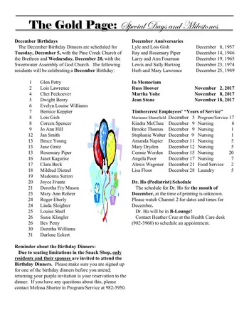 Activity Calendar of Timbercrest, Assisted Living, Nursing Home, Independent Living, CCRC, North Manchester, IN 5