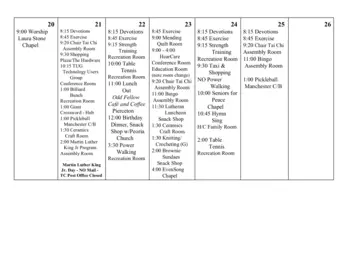 Activity Calendar of Timbercrest, Assisted Living, Nursing Home, Independent Living, CCRC, North Manchester, IN 18
