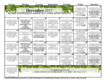 Activity Calendar of Adams Woodcrest, Assisted Living, Nursing Home, Independent Living, CCRC, Decatur, IN 1