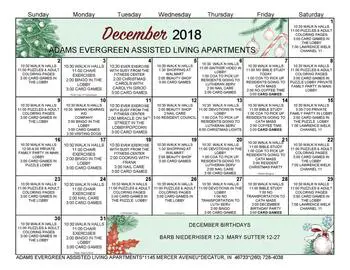 Activity Calendar of Adams Woodcrest, Assisted Living, Nursing Home, Independent Living, CCRC, Decatur, IN 2
