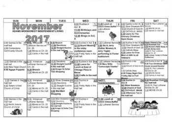 Activity Calendar of Adams Woodcrest, Assisted Living, Nursing Home, Independent Living, CCRC, Decatur, IN 3