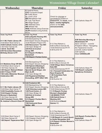Activity Calendar of Westminster Village, Assisted Living, Nursing Home, Independent Living, CCRC, West Lafayette, IN 5