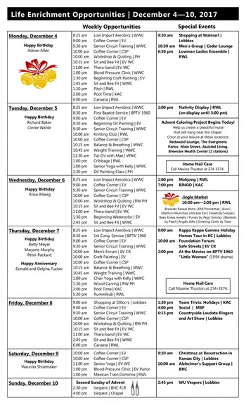 Activity Calendar of Brewster Place, Assisted Living, Nursing Home, Independent Living, CCRC, Topeka, KS 1