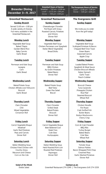 Dining menu of Brewster Place, Assisted Living, Nursing Home, Independent Living, CCRC, Topeka, KS 1