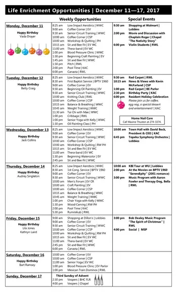 Activity Calendar of Brewster Place, Assisted Living, Nursing Home, Independent Living, CCRC, Topeka, KS 3