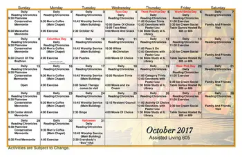 Activity Calendar of Mennonite Friendship, Assisted Living, Nursing Home, Independent Living, CCRC, South Hutchinson, KS 1