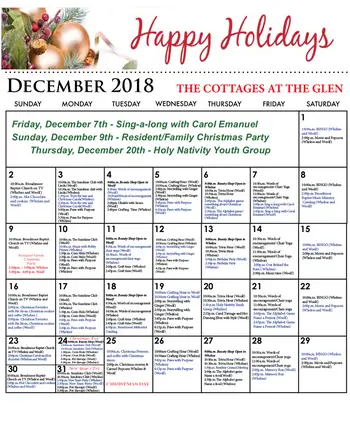 Activity Calendar of The Glen Retirement System, Assisted Living, Nursing Home, Independent Living, CCRC, Shreveport, LA 2