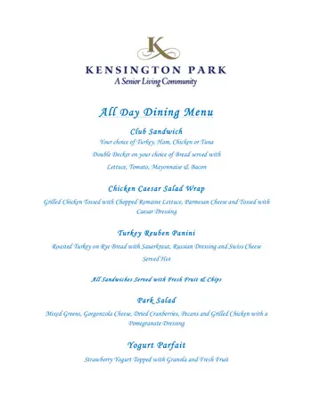 Dining menu of Kensington Park Senior Living, Assisted Living, Nursing Home, Independent Living, CCRC, Kensington, MD 1