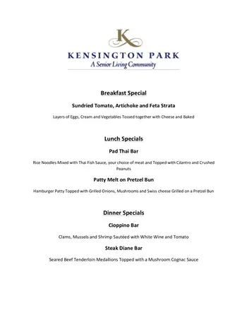 Dining menu of Kensington Park Senior Living, Assisted Living, Nursing Home, Independent Living, CCRC, Kensington, MD 2