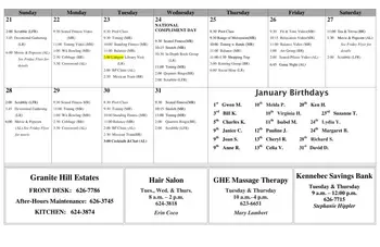 Activity Calendar of Granite Hill Estates, Assisted Living, Nursing Home, Independent Living, CCRC, Hallowell, ME 4