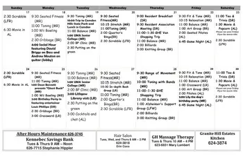 Activity Calendar of Granite Hill Estates, Assisted Living, Nursing Home, Independent Living, CCRC, Hallowell, ME 10