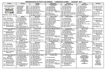 Activity Calendar of Woodhaven Retirement Community, Assisted Living, Nursing Home, Independent Living, CCRC, Livonia, MI 1