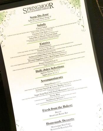 Dining menu of Springmoor Retirement Community, Assisted Living, Nursing Home, Independent Living, CCRC, Raleigh, NC 1