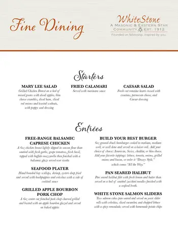 Dining menu of WhiteStone, Assisted Living, Nursing Home, Independent Living, CCRC, Greensboro, NC 2