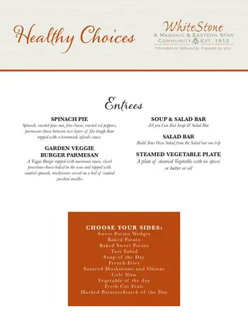 Dining menu of WhiteStone, Assisted Living, Nursing Home, Independent Living, CCRC, Greensboro, NC 3