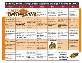 Activity Calendar of Stanley Total Living Center, Assisted Living, Nursing Home, Independent Living, CCRC, Stanley, NC 19