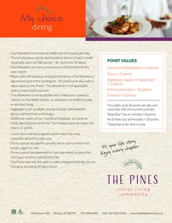 Dining menu of Pines At Whiting, Assisted Living, Nursing Home, Independent Living, CCRC, Whiting, NJ 1