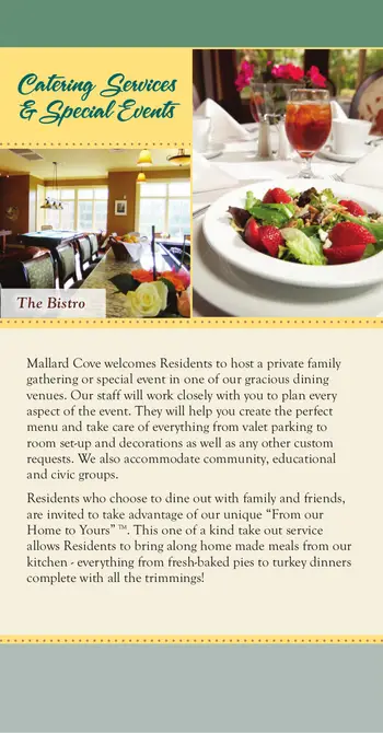 Dining menu of Mallard Cove Senior Living, Assisted Living, Nursing Home, Independent Living, CCRC, Cincinnati, OH 1