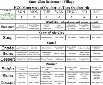 Dining menu of Stow-Glen Retirement Village, Assisted Living, Nursing Home, Independent Living, CCRC, Stow, OH 1