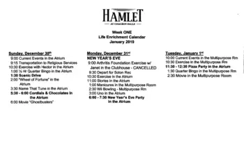 Activity Calendar of Hamlet, Assisted Living, Nursing Home, Independent Living, CCRC, Chagrin Falls, OH 1