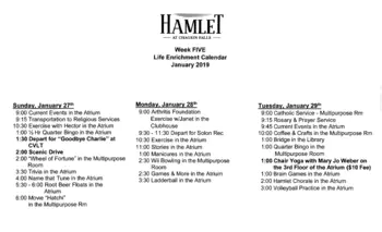 Activity Calendar of Hamlet, Assisted Living, Nursing Home, Independent Living, CCRC, Chagrin Falls, OH 9