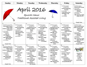 Activity Calendar of Epworth Villa, Assisted Living, Nursing Home, Independent Living, CCRC, Oklahoma City, OK 1