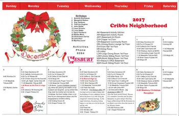 Activity Calendar of Wesbury Retirement Community, Assisted Living, Nursing Home, Independent Living, CCRC, Meadville, PA 1