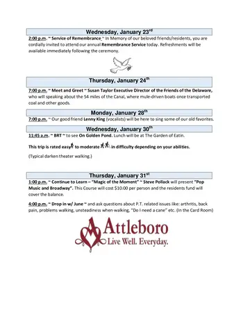 Activity Calendar of Attleboro Community, Assisted Living, Nursing Home, Independent Living, CCRC, Langhorne, PA 4