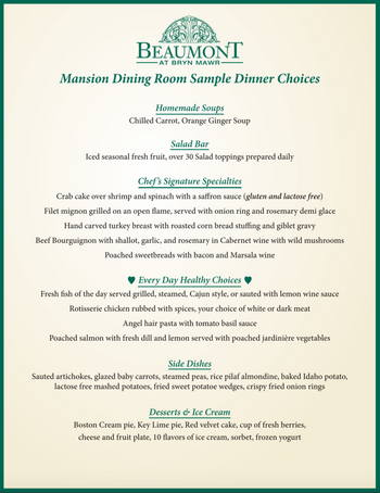 Dining menu of Beaumont Retirement, Assisted Living, Nursing Home, Independent Living, CCRC, Bryn Mawr, PA 3