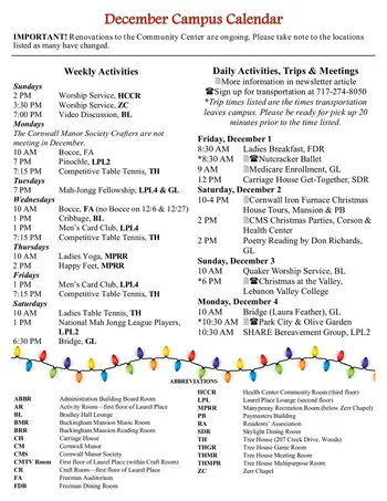 Activity Calendar of Cornwall Manor, Assisted Living, Nursing Home, Independent Living, CCRC, Cornwall, PA 1