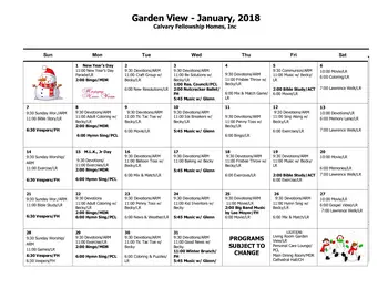 Activity Calendar of Calvary Homes, Assisted Living, Nursing Home, Independent Living, CCRC, Lancaster, PA 1