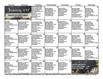 Activity Calendar of Laurel View Village, Assisted Living, Nursing Home, Independent Living, CCRC, Davidsville, PA 1