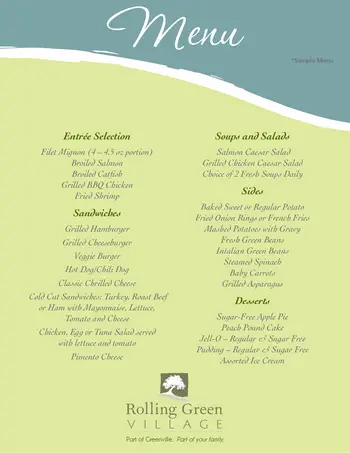 Dining menu of Rolling Green Village, Assisted Living, Nursing Home, Independent Living, CCRC, Greenville, SC 1