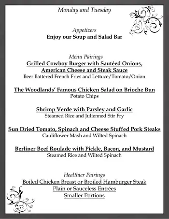 Dining menu of The Woodlands at Furman, Assisted Living, Nursing Home, Independent Living, CCRC, Greenville, SC 1