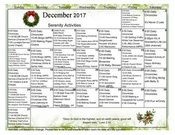 Activity Calendar of Bridgewater Retirement Community, Assisted Living, Nursing Home, Independent Living, CCRC, Bridgewater, VA 17